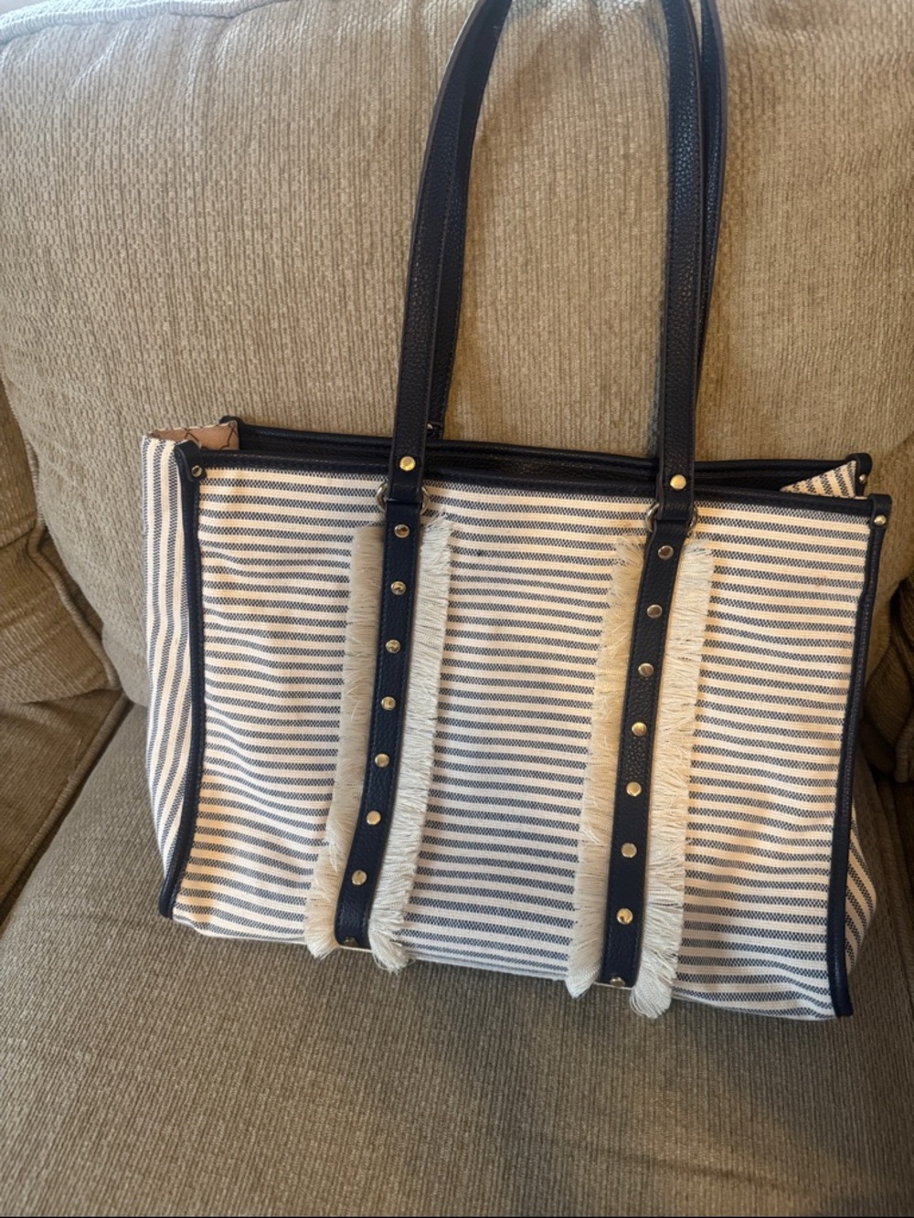 Striped Navy and White Tote Bag with Studded Trim